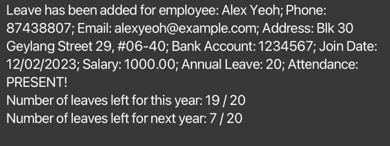 result for successful addleave command