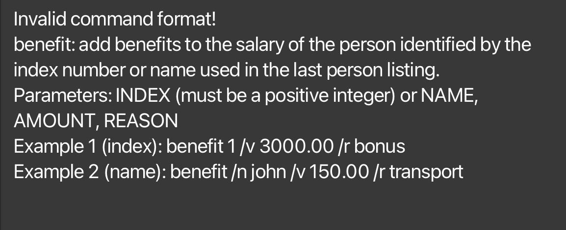 result for incorrect benefit command