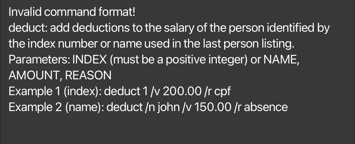 result for incorrect deduct command