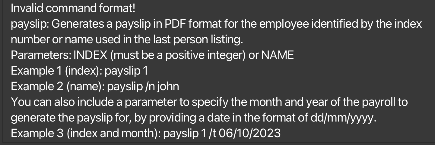 result for incorrect payslip command